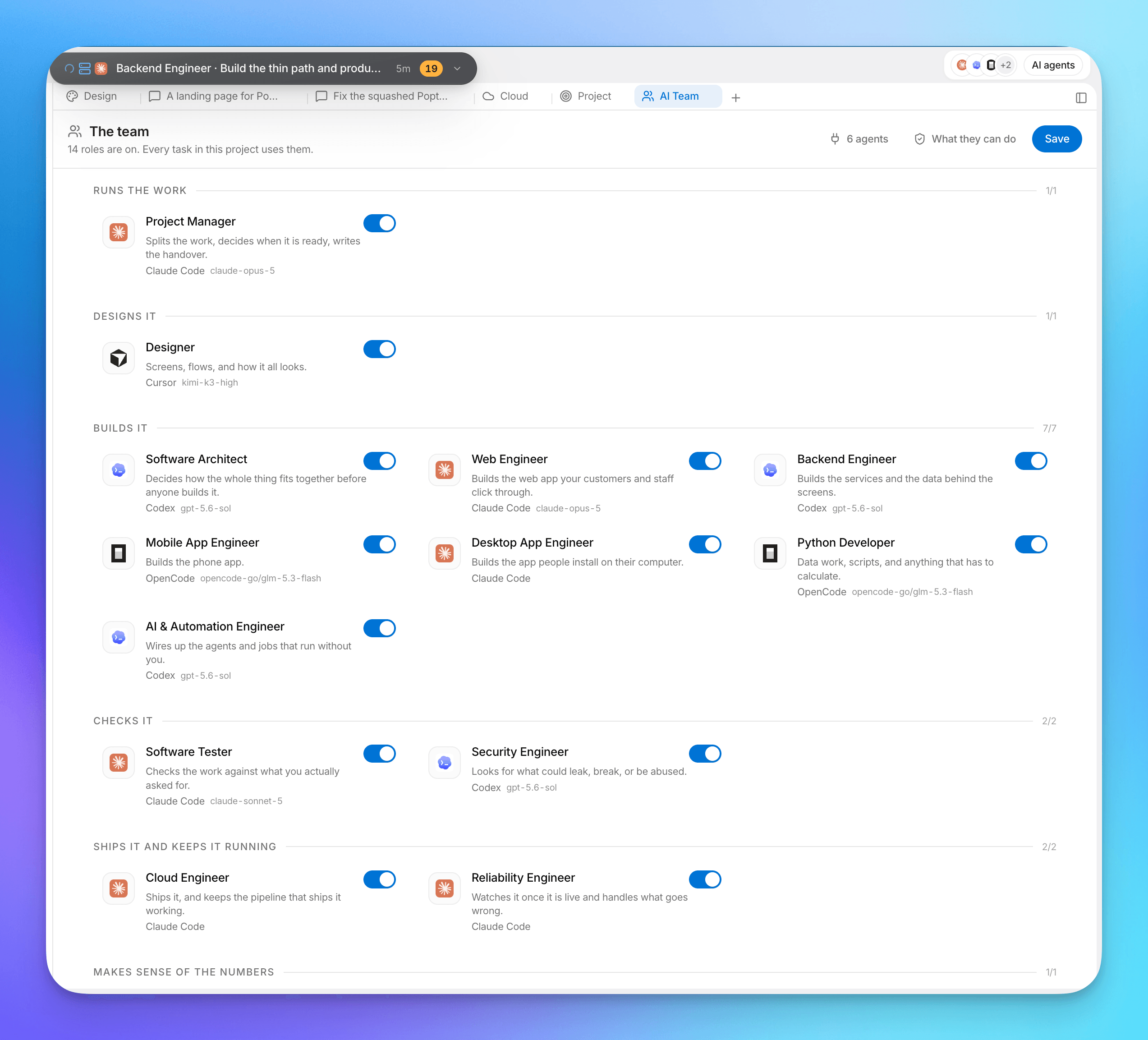 Workser Code team setup showing specialist roles, assigned coding agents and models
